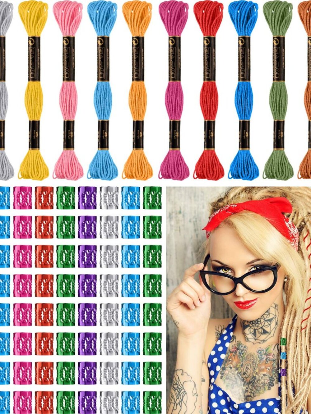 162 Pcs Braiding Strings for Hair, with Metal Cuffs, Multicolor
